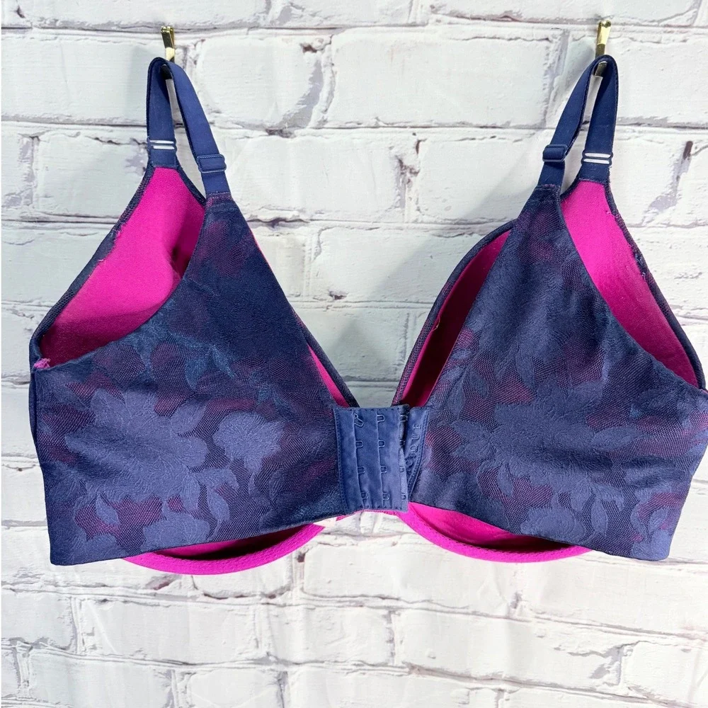 Cacique Underwire Bra Womens 42H Pink Navy Lined Floral Lace Full Coverage